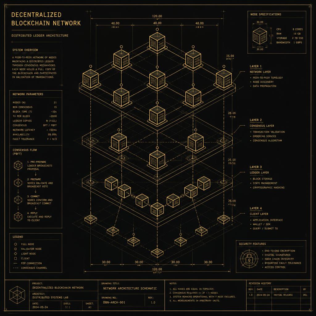 Gold-on-black architectural blueprint of a decentralized network